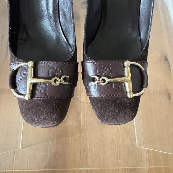 Gucci Vintage Horsebit Brown Suede Pumps Square Toe Block Heel Size 7 Resoled - Picture 4 of 16